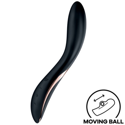 Vibrador preto curvo com detalhes dourados e ícone MOVING BALL