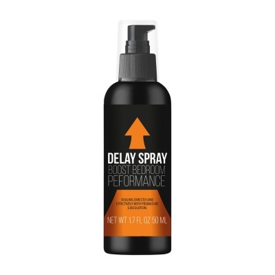 Frasco preto de spray delay com rótulo preto e laranja