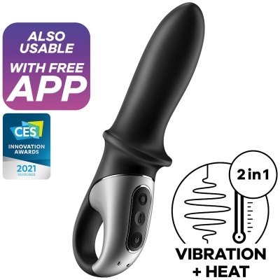 Vibrador preto com controlo prateado e texto sobre funcionalidades
