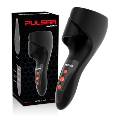 Dispositivo preto com botões vermelhos e embalagem preta com texto PULSAR by JAMYJOB.