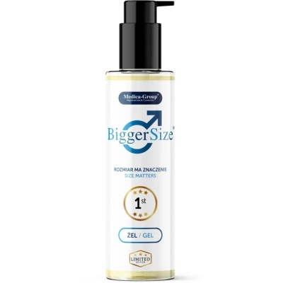 Frasco de gel Bigger Size com tampa preta e texto em azul e dourado