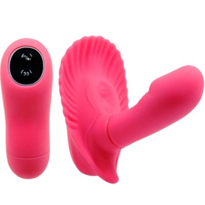 Vibrador cor-de-rosa de silicone com controlador destacado e texto ON/OFF 30