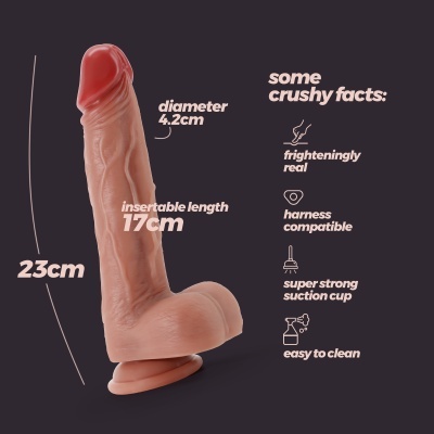 dildo cor de pele com base de ventosa e texto de dimensões e características
