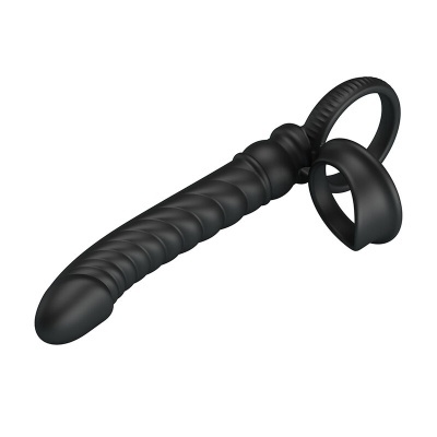 Produto adulto preto em silicone com argolas e textura ondulada