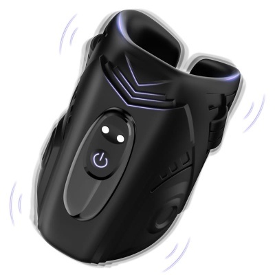 Dispositivo preto com botão iluminado e detalhes em relevo