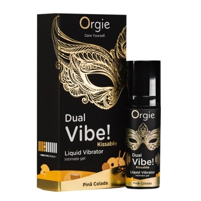 Embalagem e frasco de gel íntimo líquido Dual Vibe! Kissable sabor Piña Colada da Orgie