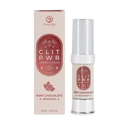 Bálsamo clitoriano CLIT PWR Mint Chocolate em frasco prateado e embalagem bege