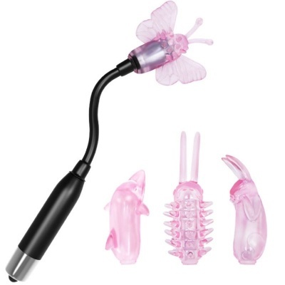Dispositivo vibratório preto com cabeça de borboleta rosa e três capas intercambiáveis em silicone rosa
