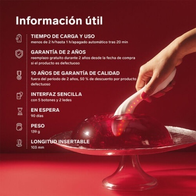 Dispositivo branco com luzes vermelhas numa base vermelha translúcida com texto em espanhol ao lado