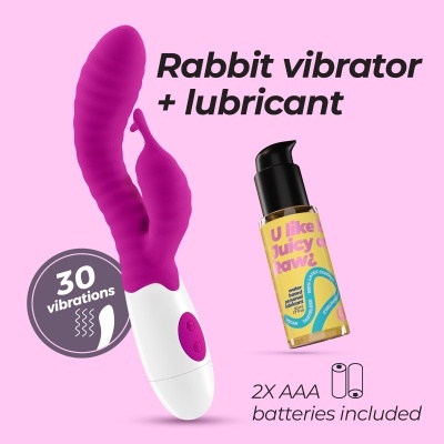 Vibrador Rabbit roxo e branco com lubrificante e texto explicativo num fundo rosa