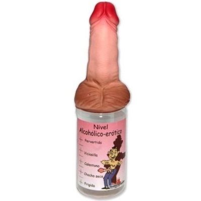 Frasco com tampa em forma de pênis e etiqueta rosa com texto e caricatura