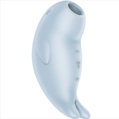 Brinquedo ou dispositivo azul claro com forma de animal marinho e símbolos embutidos