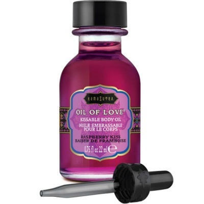 Frasco roxo de óleo corporal com pipeta preta e rótulo colorido