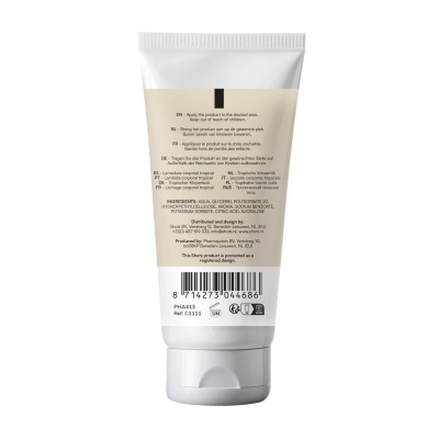 Frasco branco de creme corporal com rótulo bege com texto.