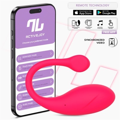 Dispositivo rosa curvo com smartphone mostrando app ACTIVEJOY em fundo branco