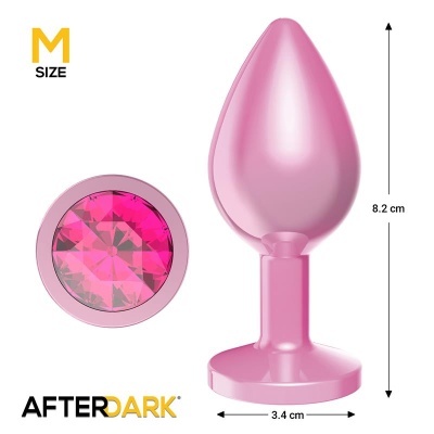 Plug anal rosa metálico com joia rosa na base e dimensões indicadas