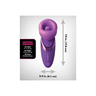 Dispositivo eletrônico roxo com detalhes em rosa e botões, com medidas indicadas ao lado.