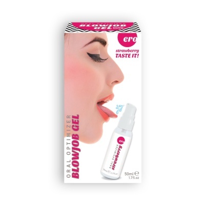 Caixa de gel oral Optimizer Blowjob Gel sabor strawberry com imagem de rosto de mulher e frasco spray