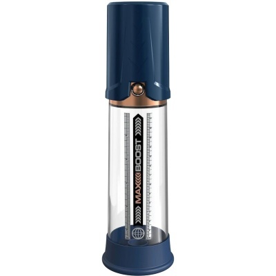 Recipiente cilíndrico transparente com tampa e base azul escuro e texto MAX BOOST