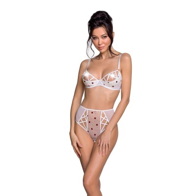 Conjunto de lingerie branco com corações vermelhos e tiras brancas