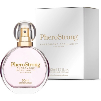 Frasco e caixa do perfume PheroStrong rosa e branco com detalhes dourados