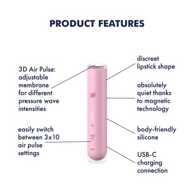 Dispositivo rosa em forma de baton com texto das características do produto