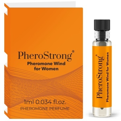 Frasco de perfume com rótulo laranja e caixa laranja com texto PheroStrong para mulheres