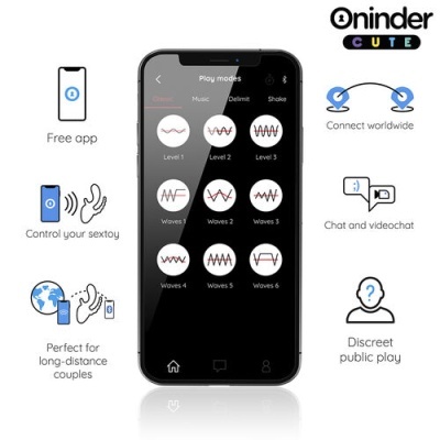 Smartphone preto com app de controlo de sextoy e ícones informativos