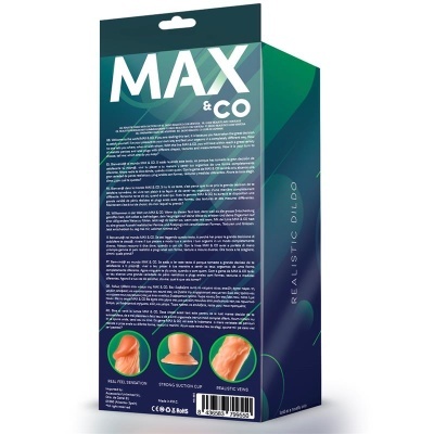 Embalagem do produto MAX & CO em tons azuis e verdes com texto multilíngue e imagens do produto laranja realista.