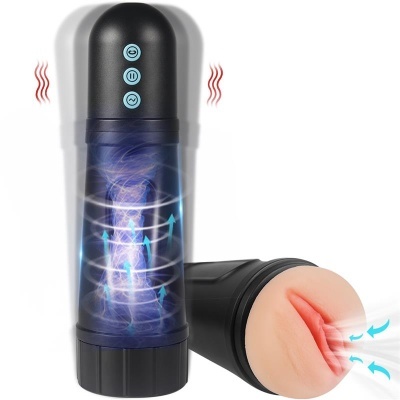 Produto masculino preto com botões azuis e ventosa de silicone cor pele