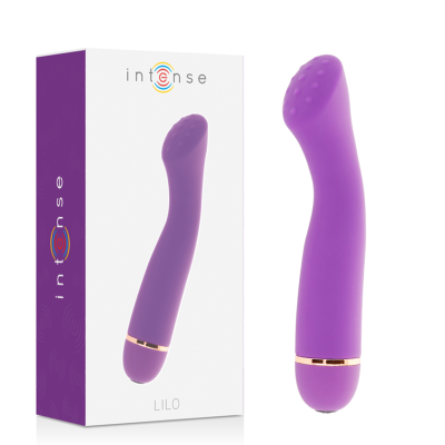 Vibrador roxo em silicone com textura na ponta e caixa da marca intense