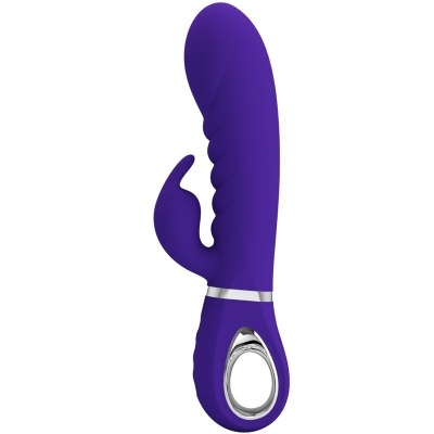 Vibrador roxo de silicone com estimulador externo e base cromada.
