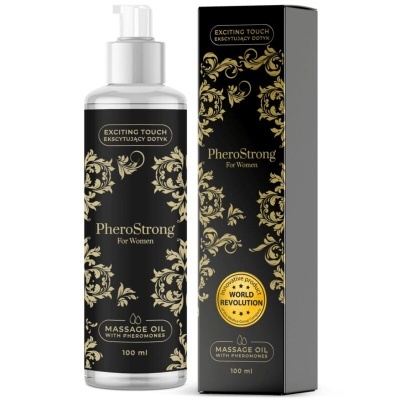 Óleo para massagem PheroStrong For Women, 100 ml, embalagem preta com detalhes dourados