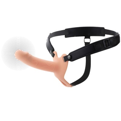 Arnês com dildo cor pele e tiras pretas ajustáveis