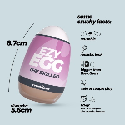 Produto Ezy Egg The Skilled em rosa, branco e castanho com texto e dimensões visíveis
