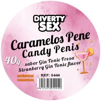 Etiqueta de caramelos sabor Gin Tonic Fresa cor-de-rosa com texto em preto e branco e cocktail ilustrado
