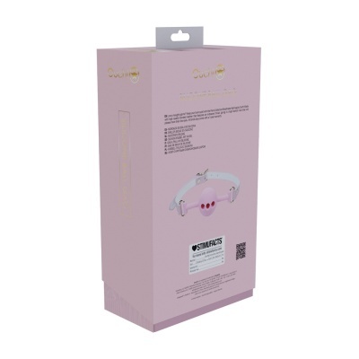 Embalagem rosa com mordaça bola de silicone e correia branca