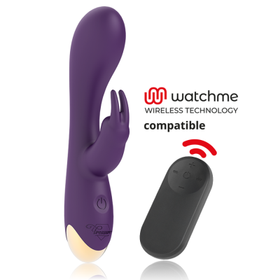 Vibrador roxo com comando preto, texto watchme wireless technology compatible