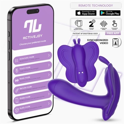 Dispositivo sexual roxo e smartphone com aplicação ACTIVEJOY e modos de controlo
