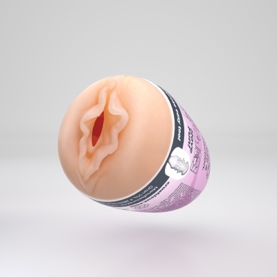 Produto sexual masculino bege com embalagem rosa sobre fundo cinza