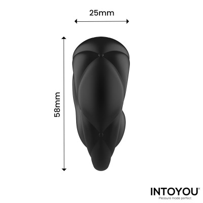 Vibrador preto com textura e medidas 25mm x 58mm, texto INTOYOU Pleasure made perfect