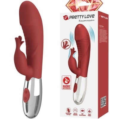Vibrador vermelho com estimulação adicional e caixa com texto PRETTY LOVE Rasmussen
