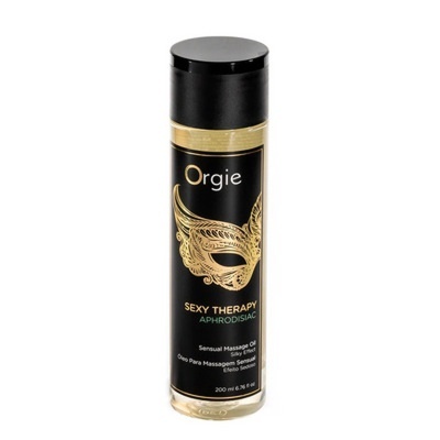Frasco de óleo de massagem Orgie Sexy Therapy Aphrodisiac com rótulo preto e dourado