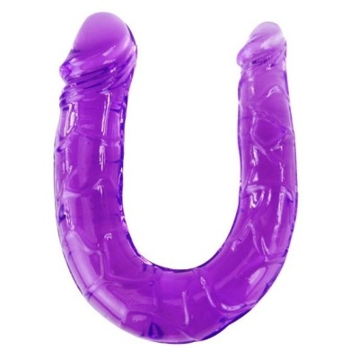 Dildo duplo roxo translúcido em forma de U com textura detalhada