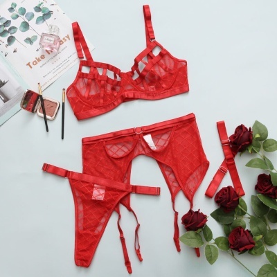 Conjunto de lingerie feminino vermelho transparente com padrão quadrado e acessórios ao redor