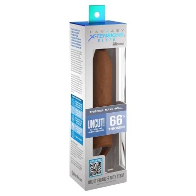 Embalagem do extensor sexual Fantasy X-Tensions Elite em silicone marrom com texto promocional