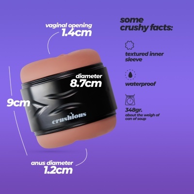 Produto erótico preto com interior cor de pele e texto informativo sobre dimensões e características em fundo roxo