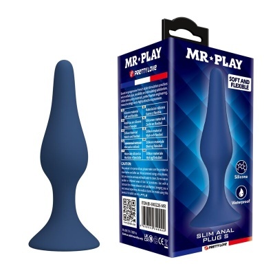 Plug anal slim azul escuro de silicone com embalagem azul