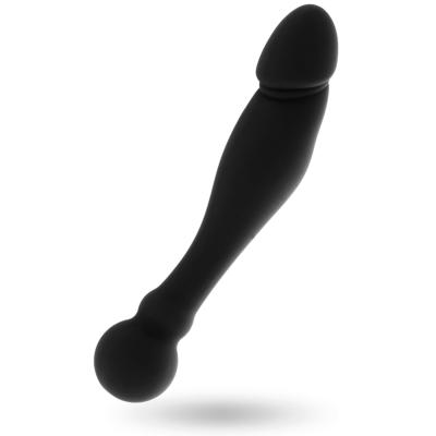 Objeto preto alongado com ponta arredondada e esfera na base, fundo branco