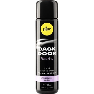 Frasco preto de lubrificante pessoal pjur BACK DOOR Relaxing com texto colorido